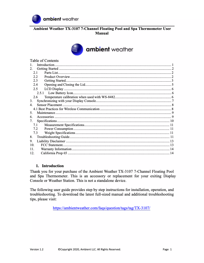 Page 1 de la notice Manuel utilisateur Ambient Weather TX-3107