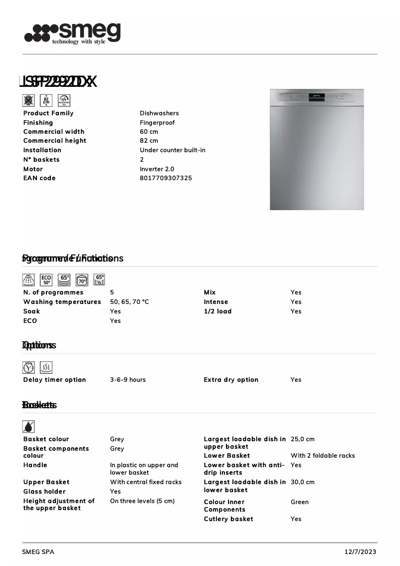 Página 1 del manual Ficha técnica Smeg LSP292DX