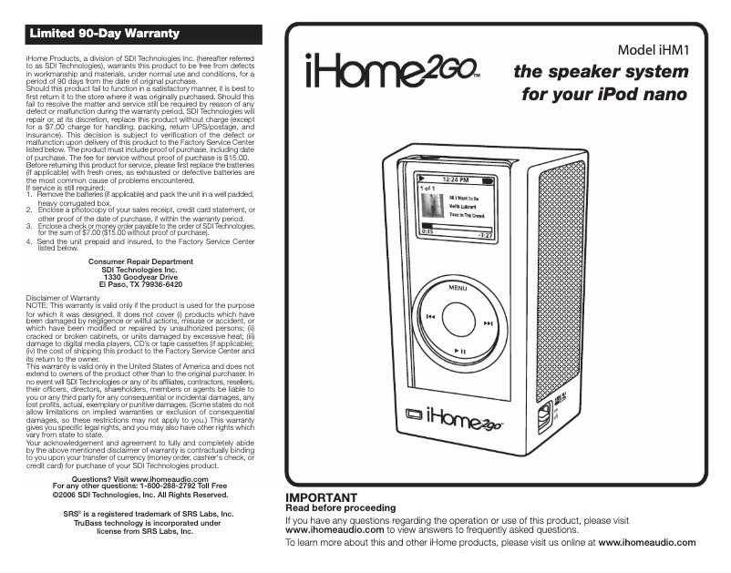 Page 1 de la notice Manuel utilisateur SDI Technologies iHM1