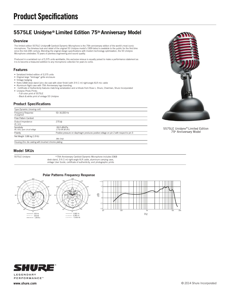 Page 1 de la notice Fiche technique Shure 5575LE