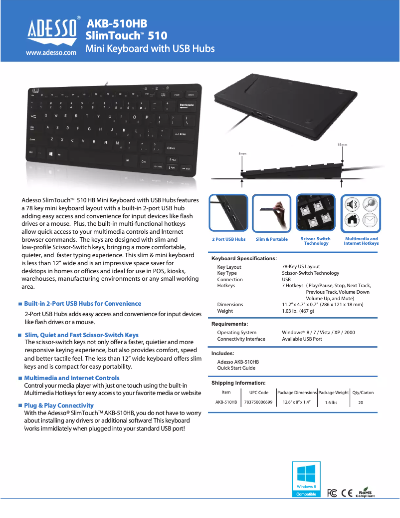 Page 1 de la notice Manuel utilisateur Adesso SlimTouch 510