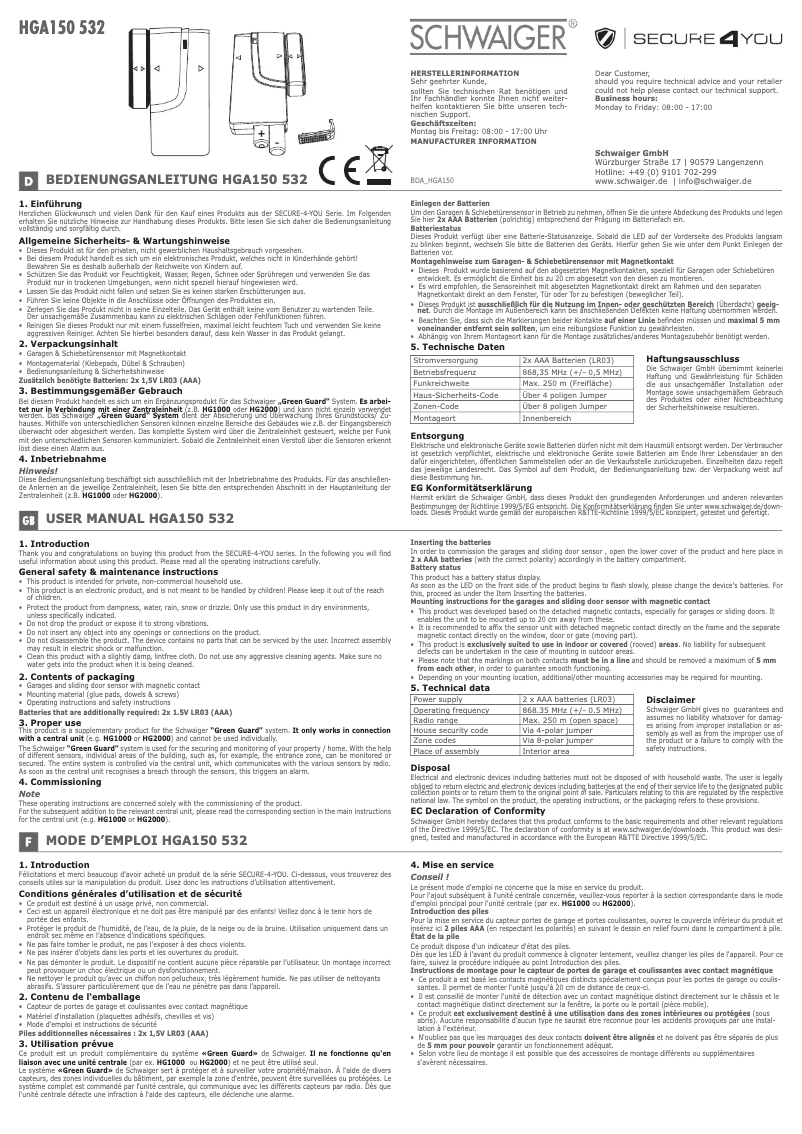 Page 1 de la notice Manuel utilisateur Schwaiger HGA150 532