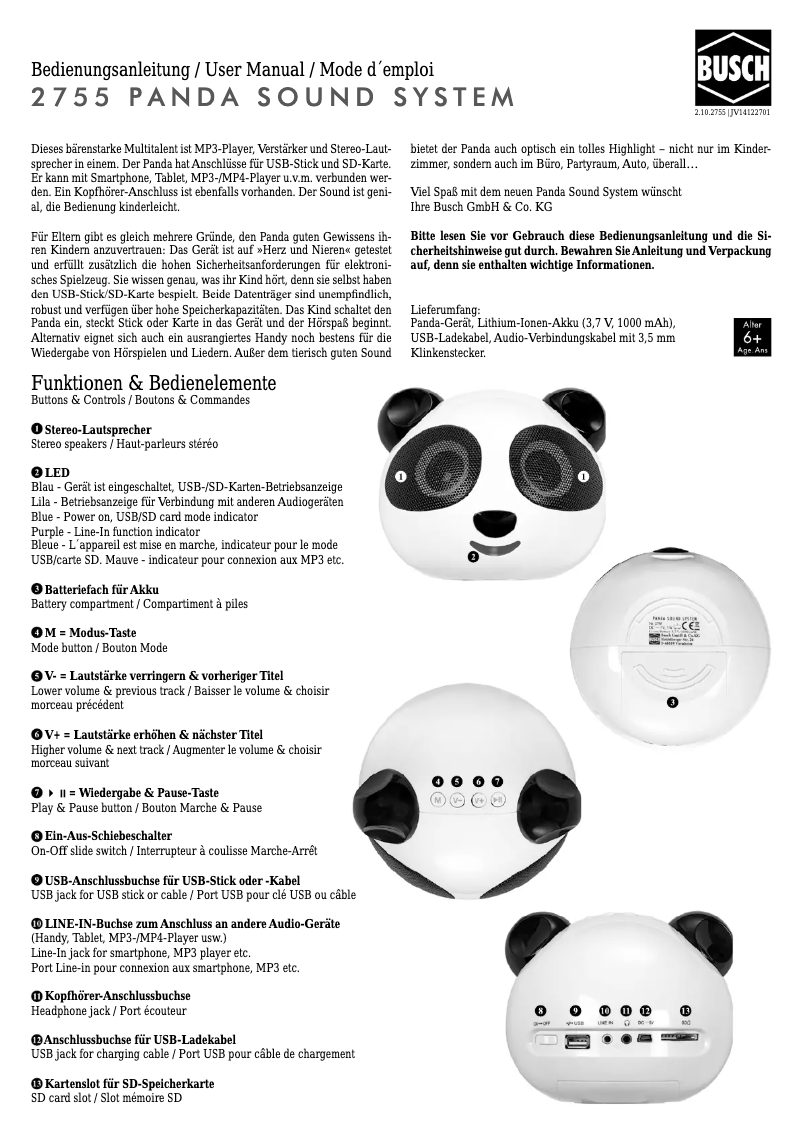 Page 1 de la notice Manuel utilisateur Busch Panda Sound System