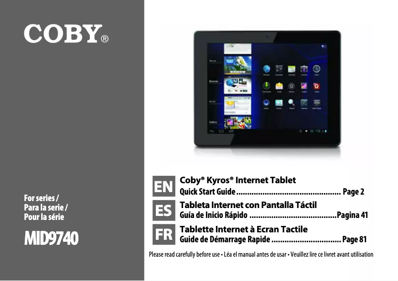 Page 1 de la notice Manuel utilisateur Coby Kyros MID9740