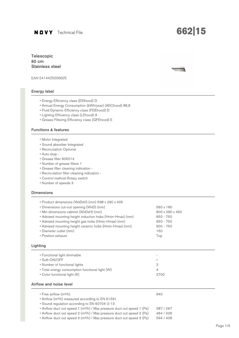 Page 1 de la notice Fiche technique Novy 662