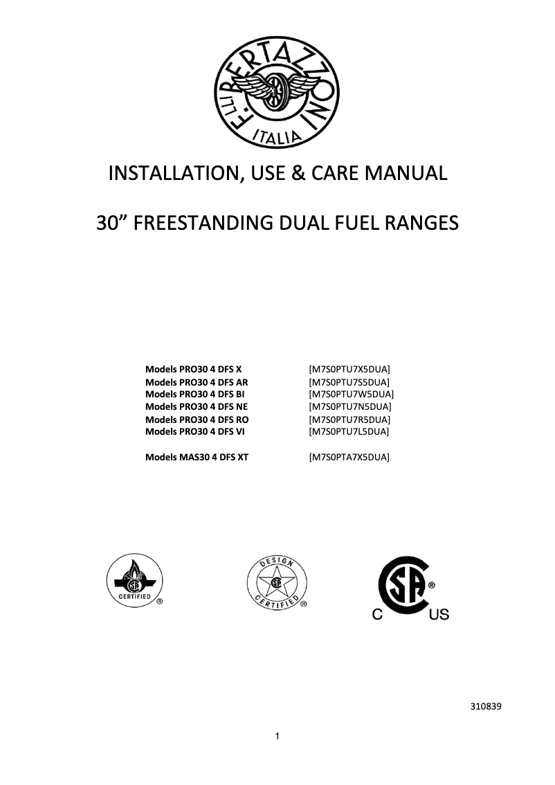 Page 1 de la notice Manuel utilisateur Bertazzoni PRO30 4 DFS BI