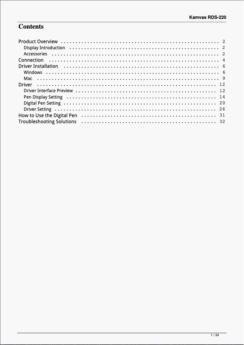 Page 1 de la notice Manuel utilisateur Huion Kamvas RDS-220