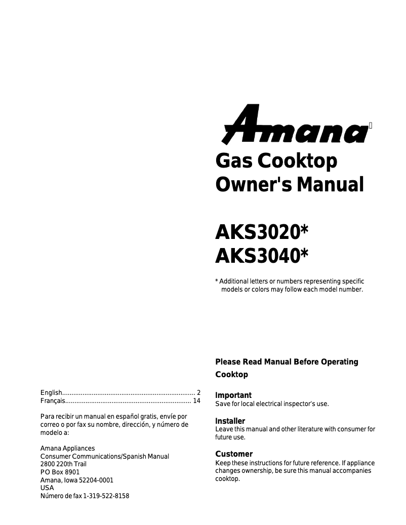 Page 1 of the manual User Manual Amana AKS3020L