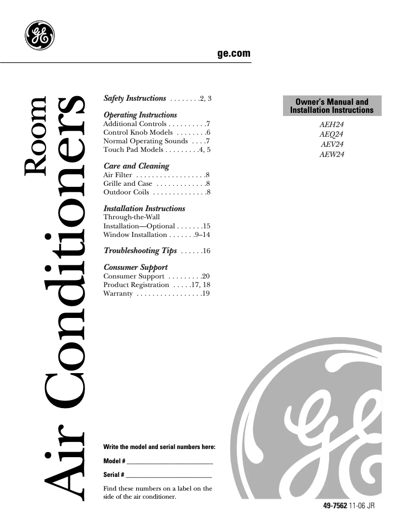 Página 1 del manual Guía de instalación GE AEW24DK
