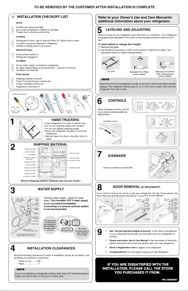 Page 1 de la notice Guide d'installation Frigidaire FRT15A2DW