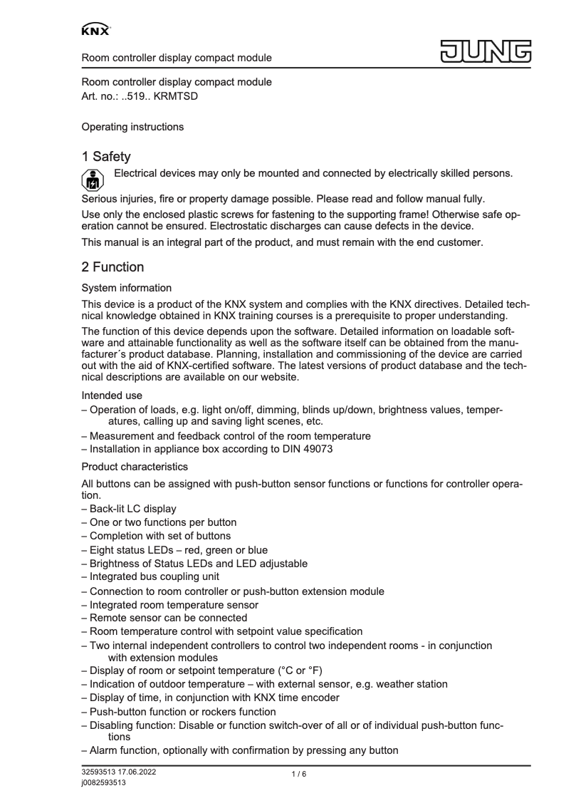 Page 1 de la notice Manuel utilisateur JUNG A 5192 KRM TS D