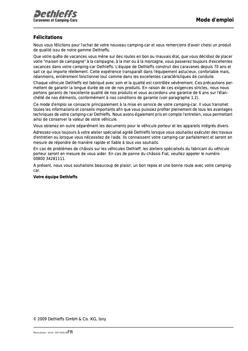 Page 1 de la notice Manuel utilisateur Dethleffs Motorhome (2010)
