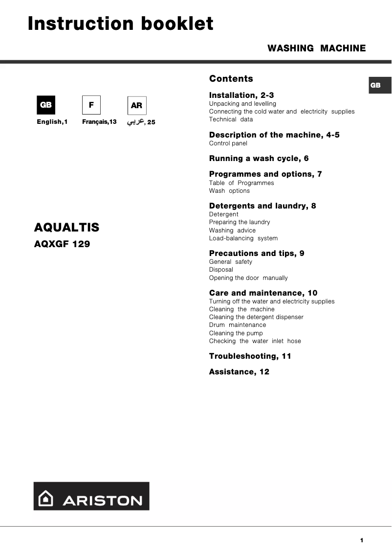 Page 1 de la notice Manuel utilisateur Hotpoint Ariston AQXGF 129