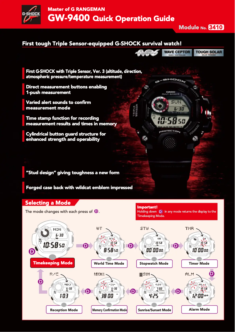 Page 1 de la notice Manuel utilisateur Casio G-Shock Rangeman