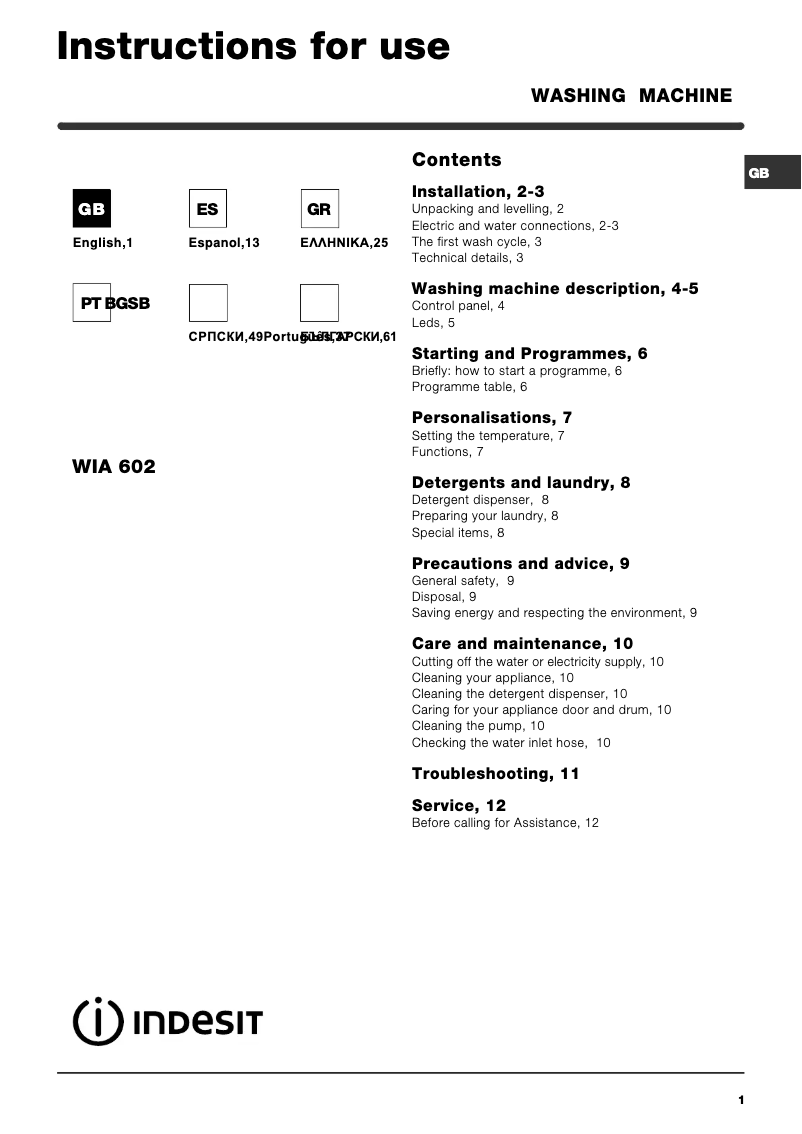 Page n°1 - Manuel utilisateur Indesit WIA602