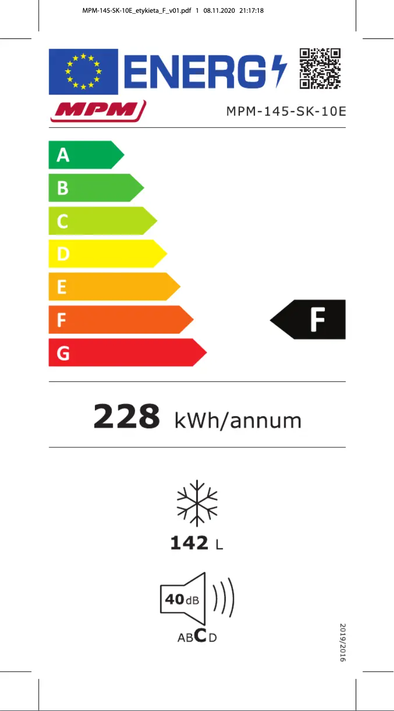 Page 1 de la notice Label énergétique MPM MPM-145-SK-10E