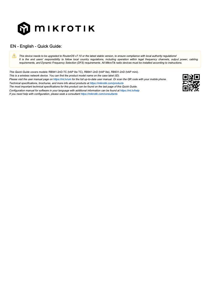 Page 1 de la notice Manuel utilisateur Mikrotik hAP lite