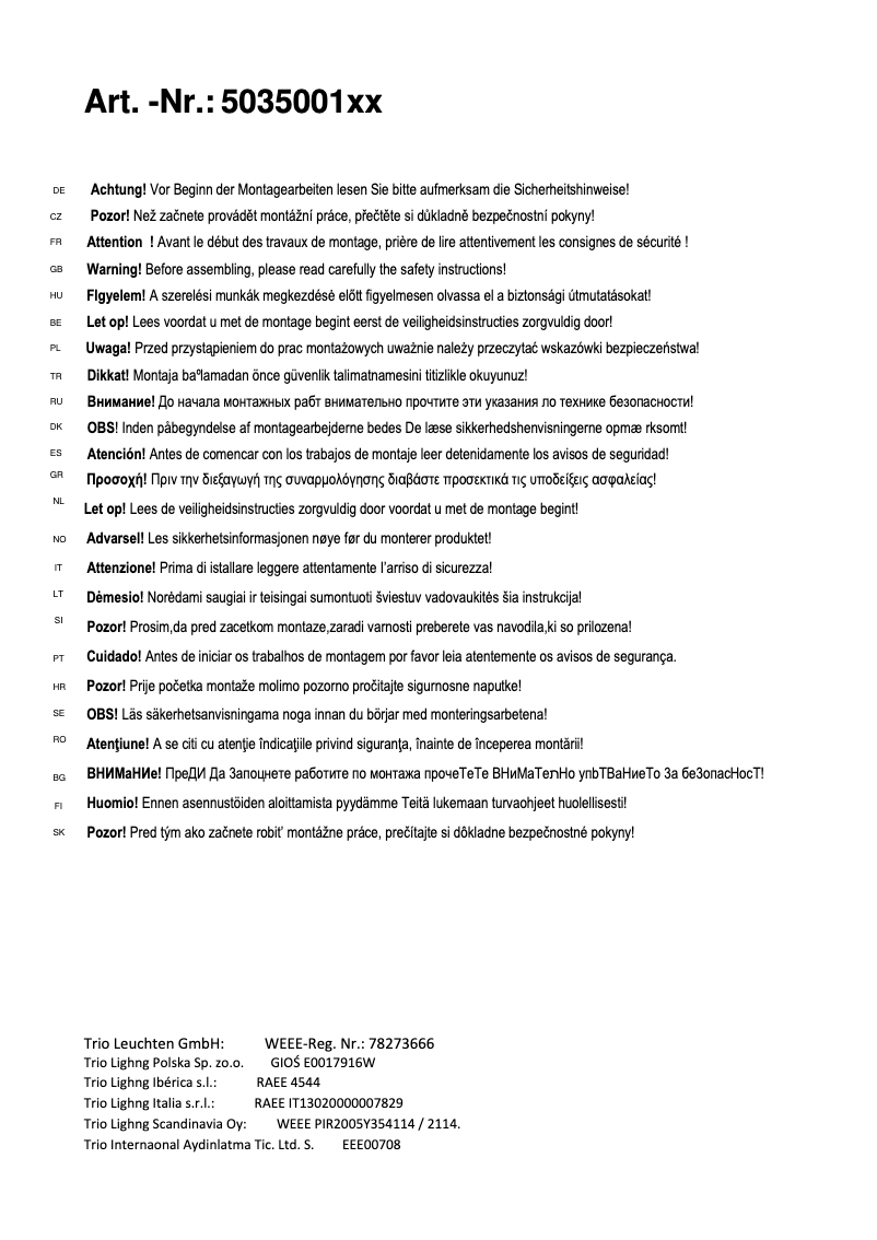 Page 1 de la notice Manuel utilisateur Trio Lighting Linda 503500162