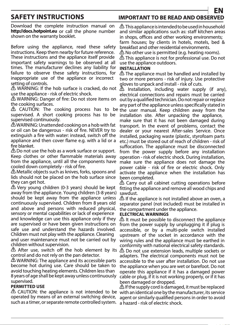 Page 1 de la notice Instructions / montage Hotpoint TT 1090 BA