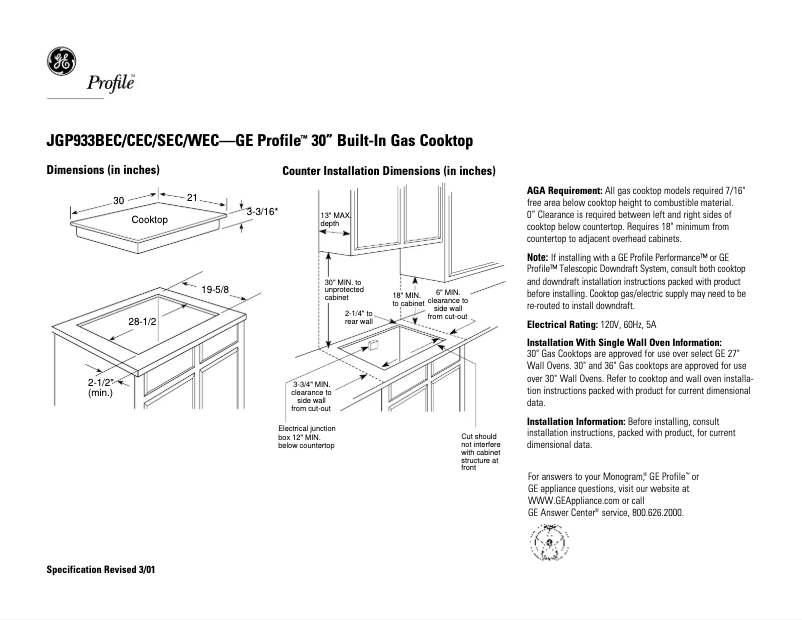 Page 1 of the manual Technical Sheet GE Profile JGP933BECBB