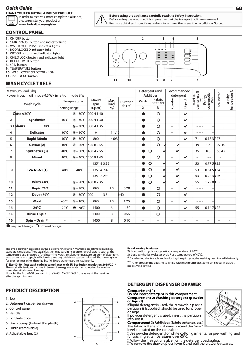 Page n°1 - Fiche technique Indesit BWA 81485X S UK N