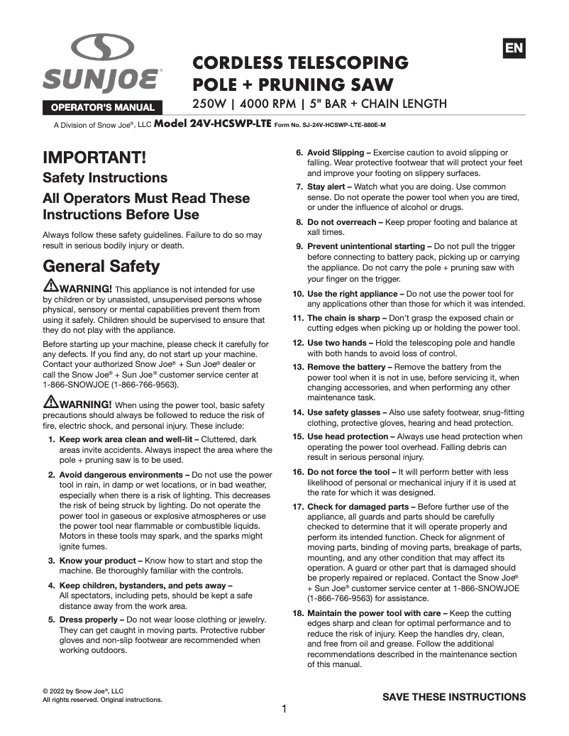 Page 1 de la notice Manuel utilisateur Sun Joe 24V-HCSWP-LTE