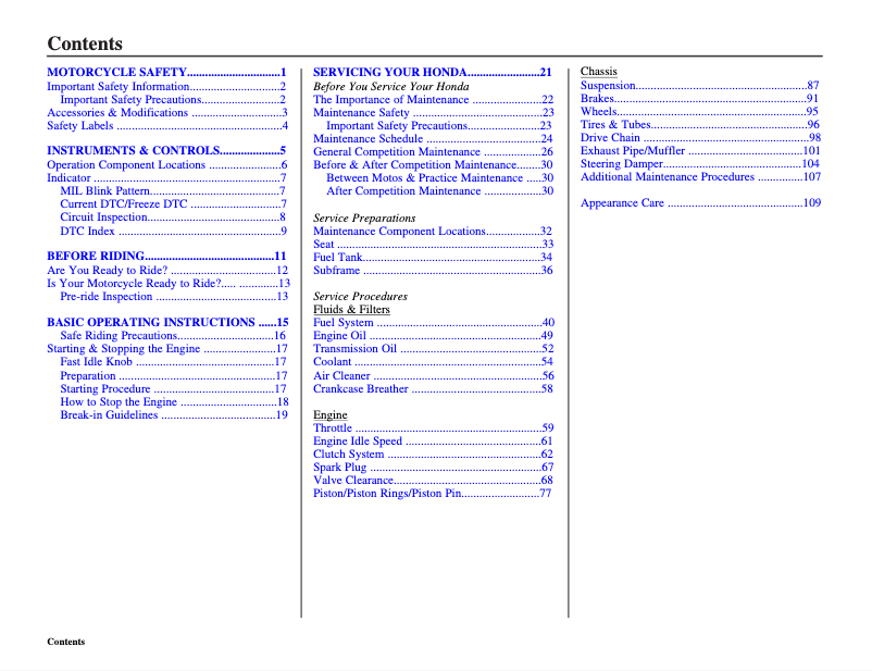 Page 1 of the manual User Manual Honda CRF450R (2011)