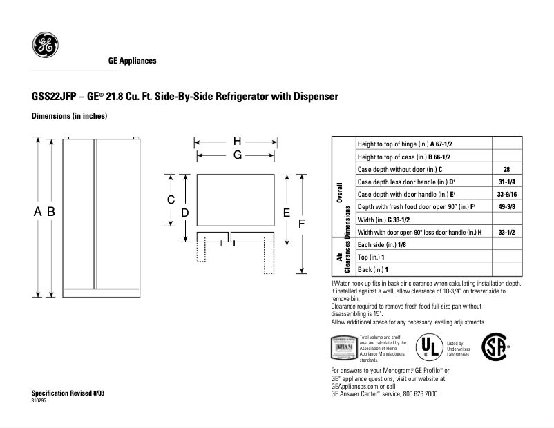 Page n°1 - Fiche technique GE GSS22JFPCC
