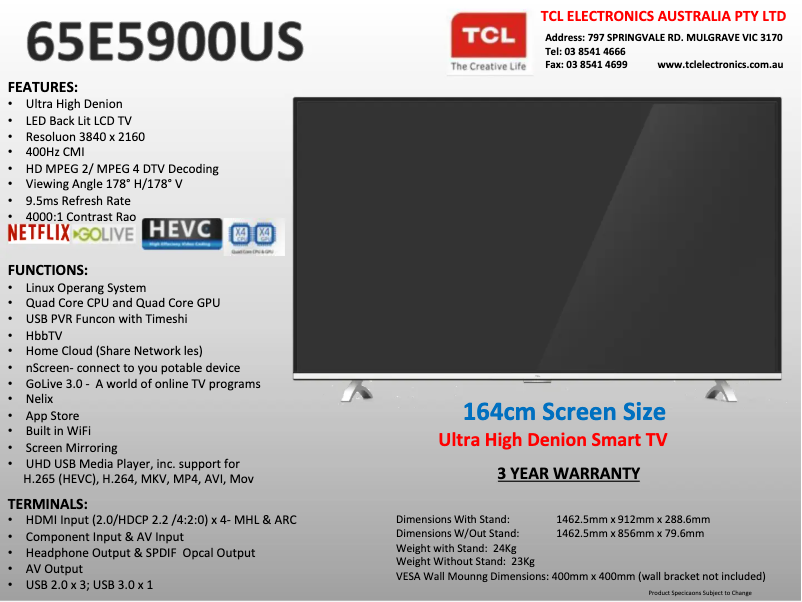 Page 1 de la notice Fiche technique TCL 65E5900US
