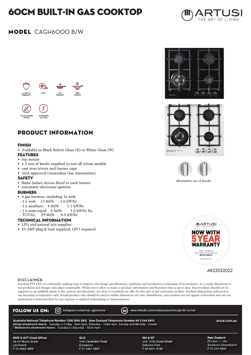 Page 1 de la notice Fiche technique Artusi CAGH6000B
