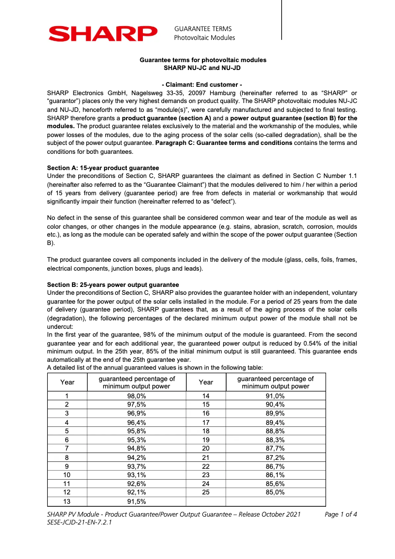 Page 1 de la notice Informations de garantie Sharp NUJC400B