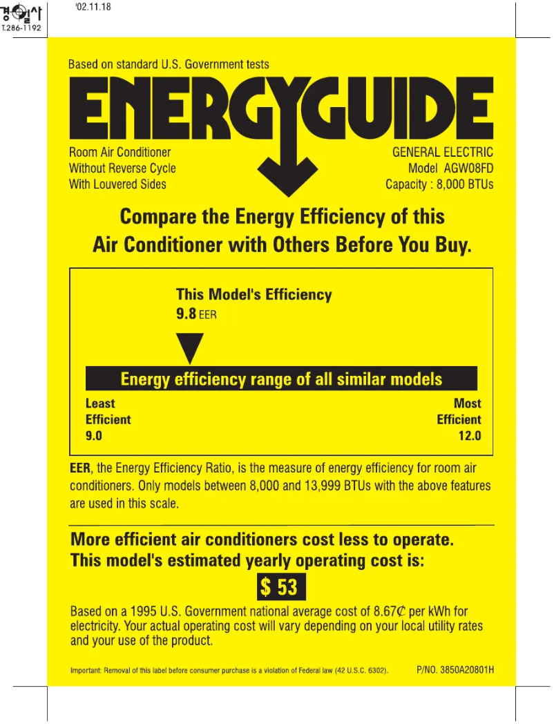 Página 1 del manual Etiqueta energética GE AGW08FD