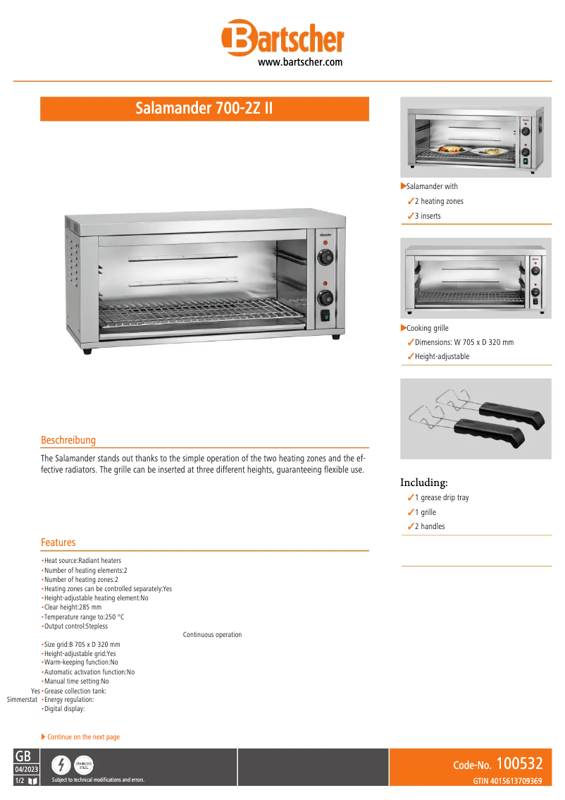 Page 1 de la notice Fiche technique Bartscher 700-2Z II