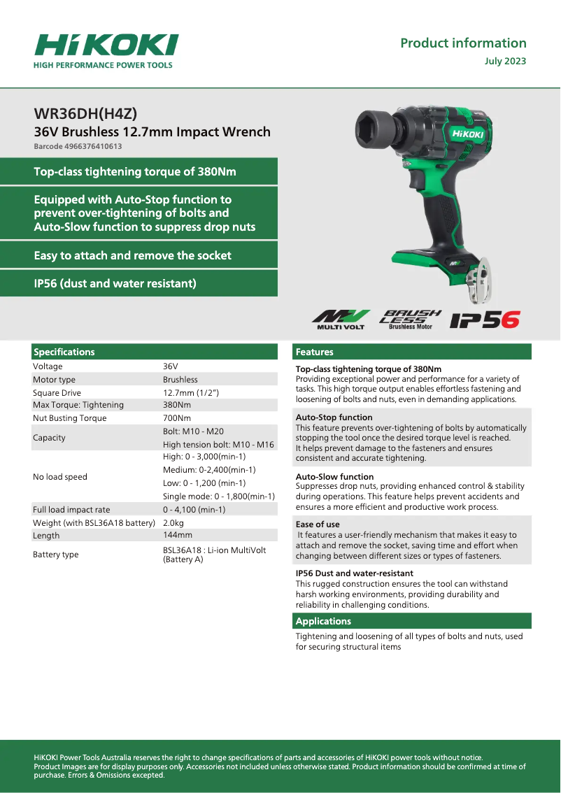 Page 1 de la notice Fiche technique HiKOKI WR36DH