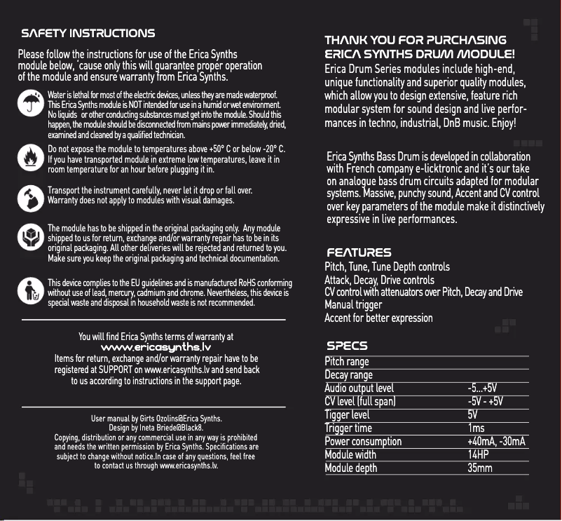 Page 1 de la notice Manuel utilisateur Erica Synths Bass Drum2