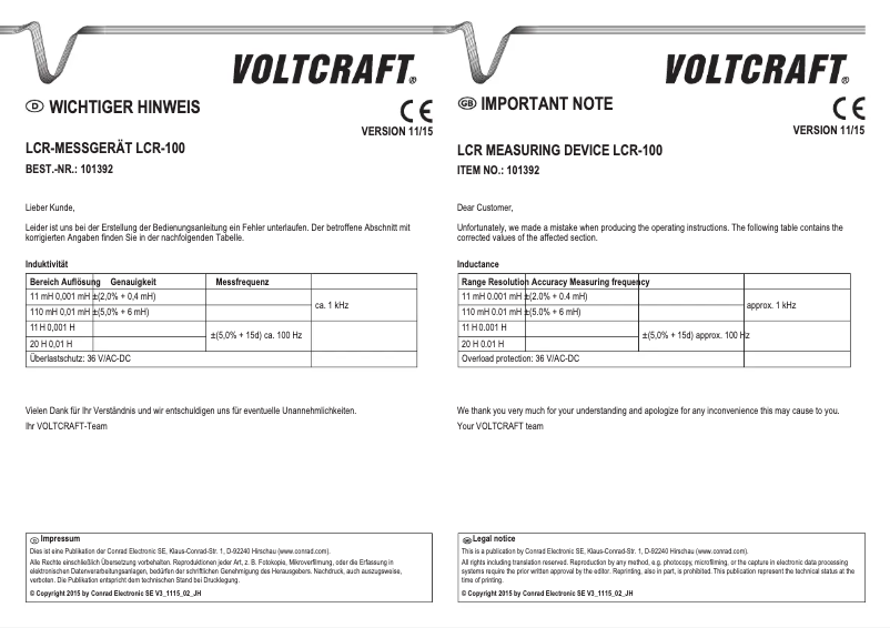 Page 1 de la notice Manuel utilisateur Voltcraft LCR-100
