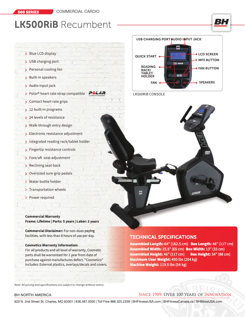 Page 1 de la notice Fiche technique BH Fitness LK500RiB
