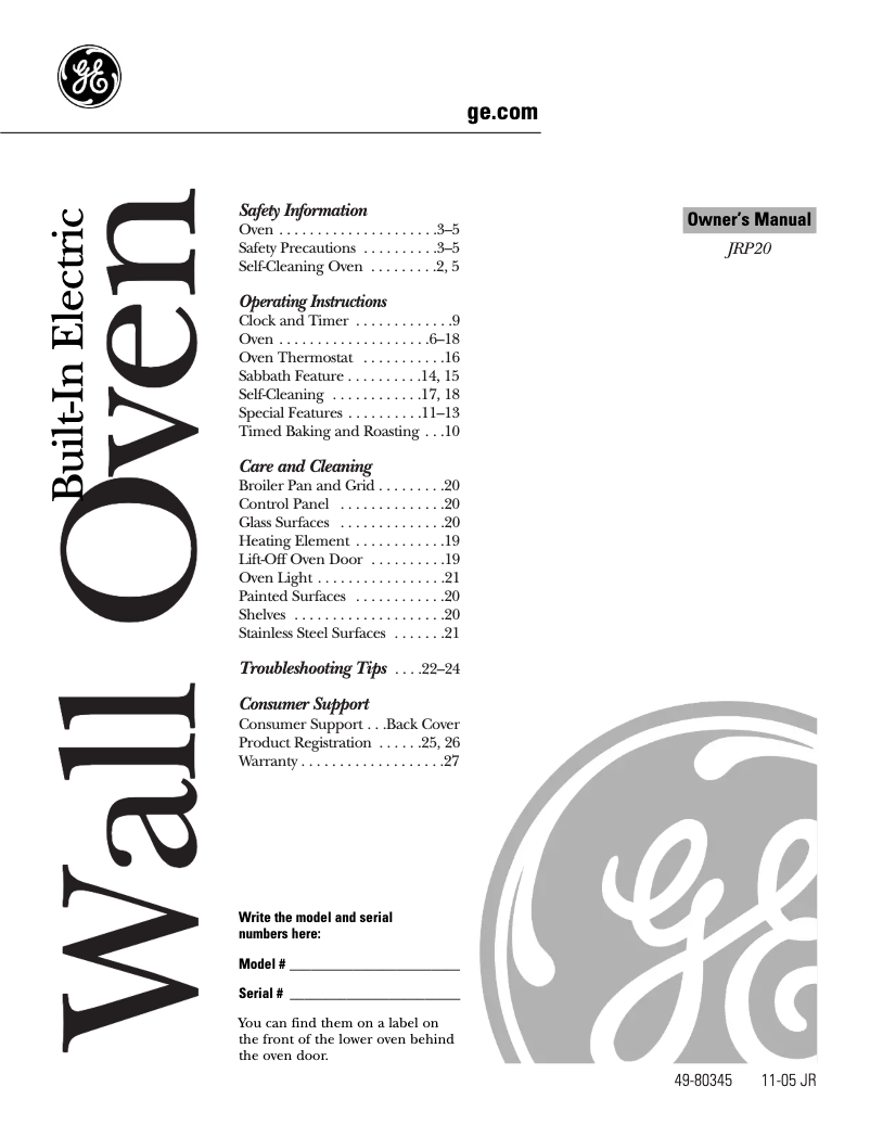 Page 1 de la notice Manuel d'utilisation et d'entretien GE JRP20WJWW