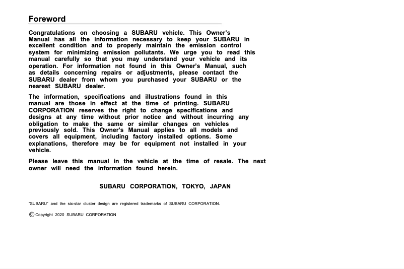 Page 1 de la notice Manuel utilisateur Subaru Outback (2021)