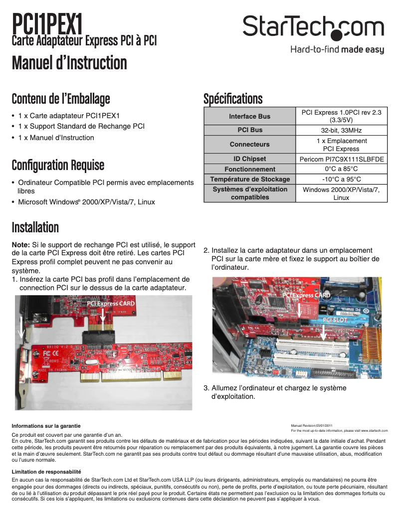 Page 1 de la notice Manuel utilisateur StarTech.com PCI1PEX1