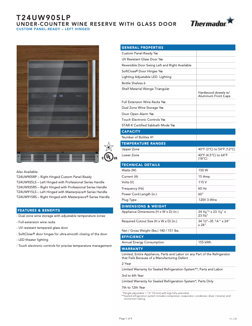 Page 1 de la notice Fiche technique Thermador T24UW905LP