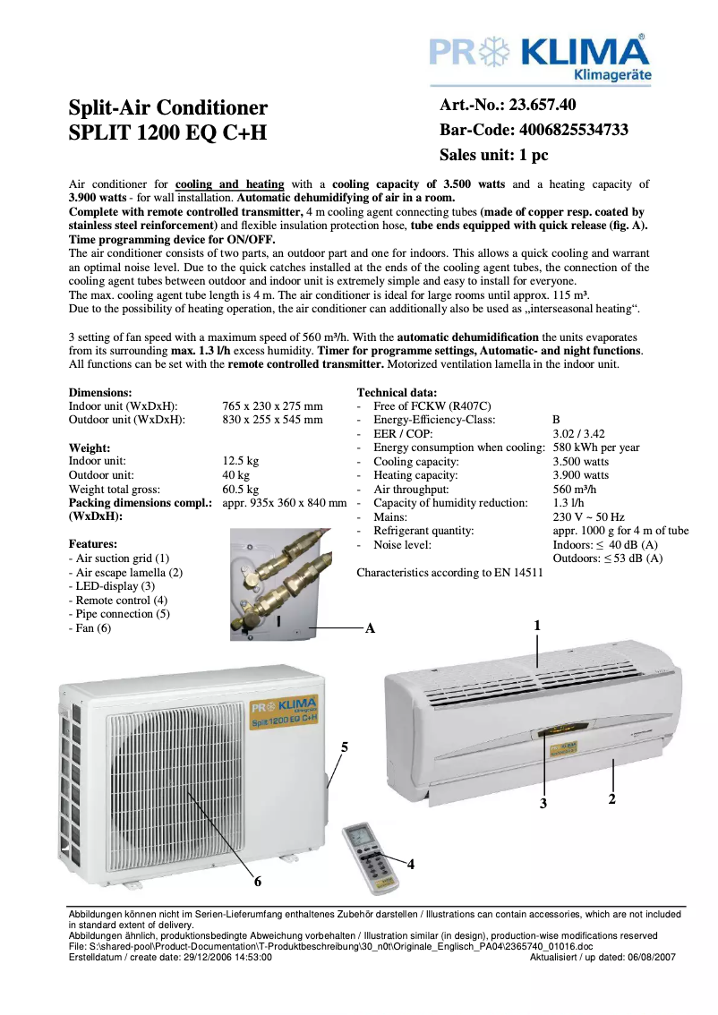 Page 1 de la notice Fiche technique Proklima Split 1200 EQ C+H