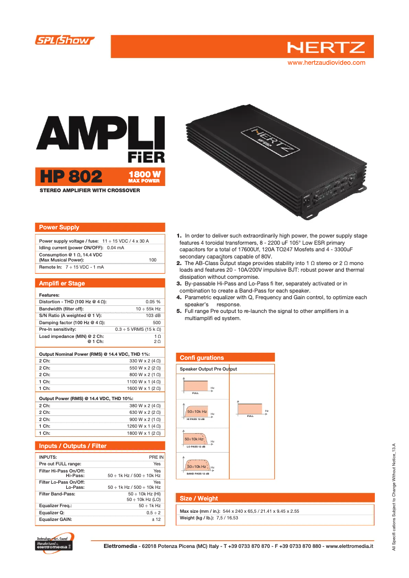 Página 1 del manual Ficha técnica Hertz SPL Show HP 802
