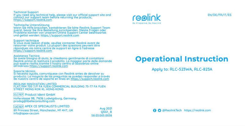 Page 1 de la notice Manuel utilisateur Reolink RLC-823A