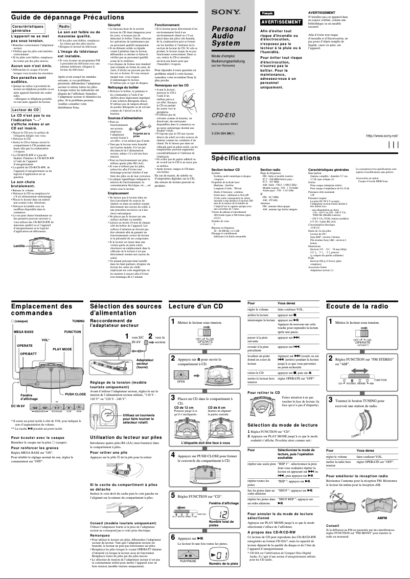 Page 1 de la notice Manuel utilisateur Sony CFD-E10