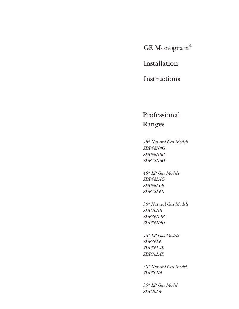 Página 1 del manual Guía de instalación GE ZDP48N6DDSS