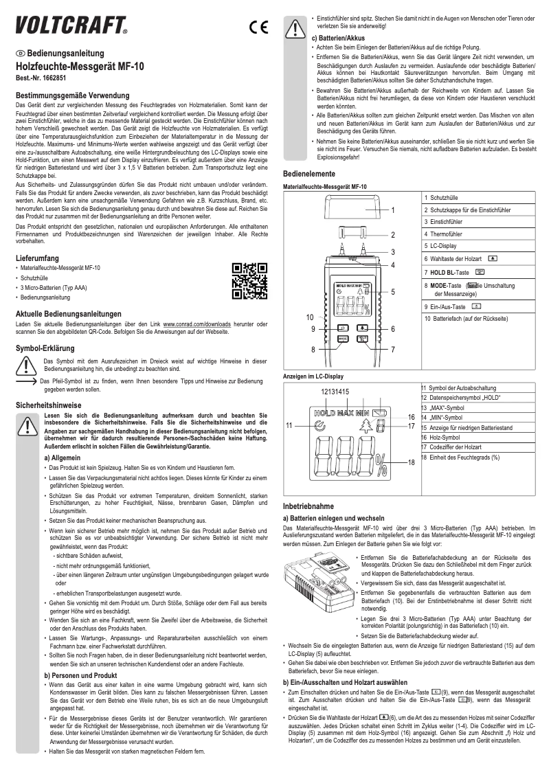 Page 1 de la notice Manuel utilisateur Voltcraft MF-10