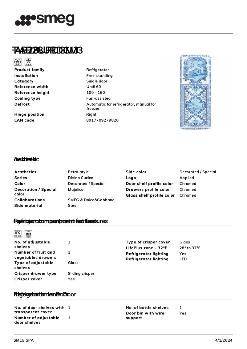 Page 1 of the manual Technical Sheet Smeg FAB28URDGM3