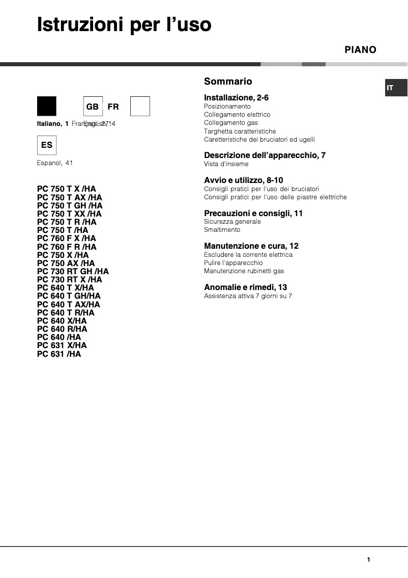 Page 1 de la notice Manuel utilisateur Hotpoint Ariston PC 750 T (WH) /HA