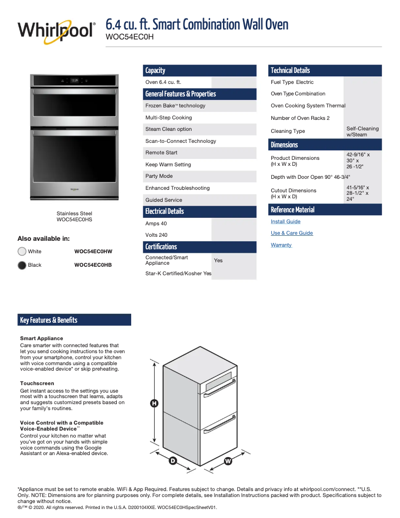 Page 1 de la notice Fiche technique Whirlpool WOC54EC0HW